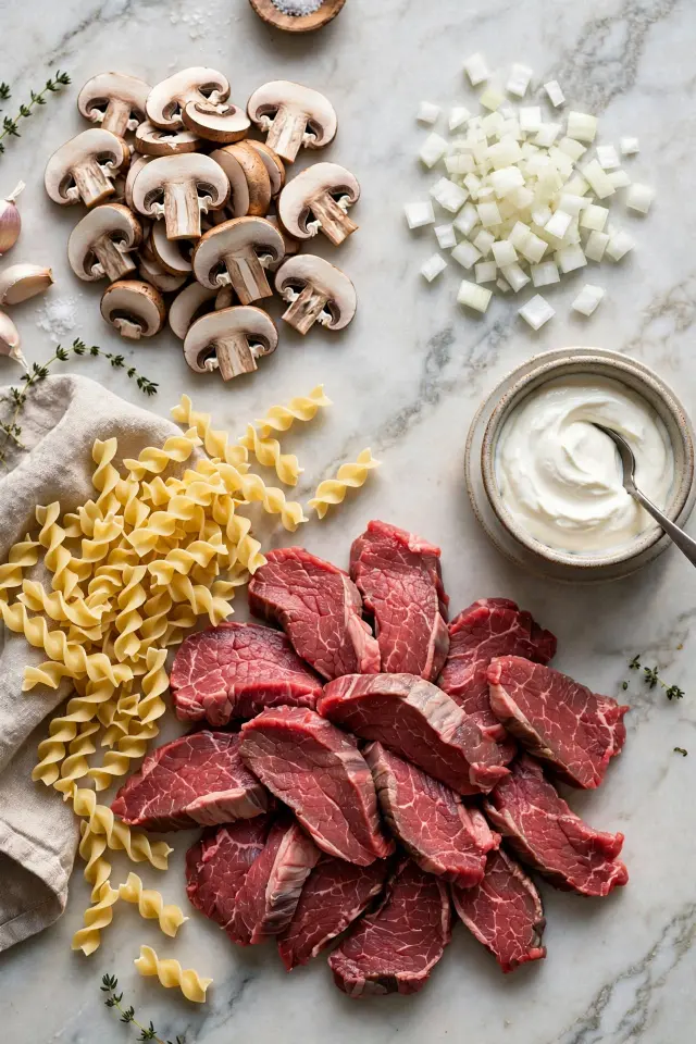 Ingredients for beef stroganoff recipe including beef, mushrooms, and sour cream