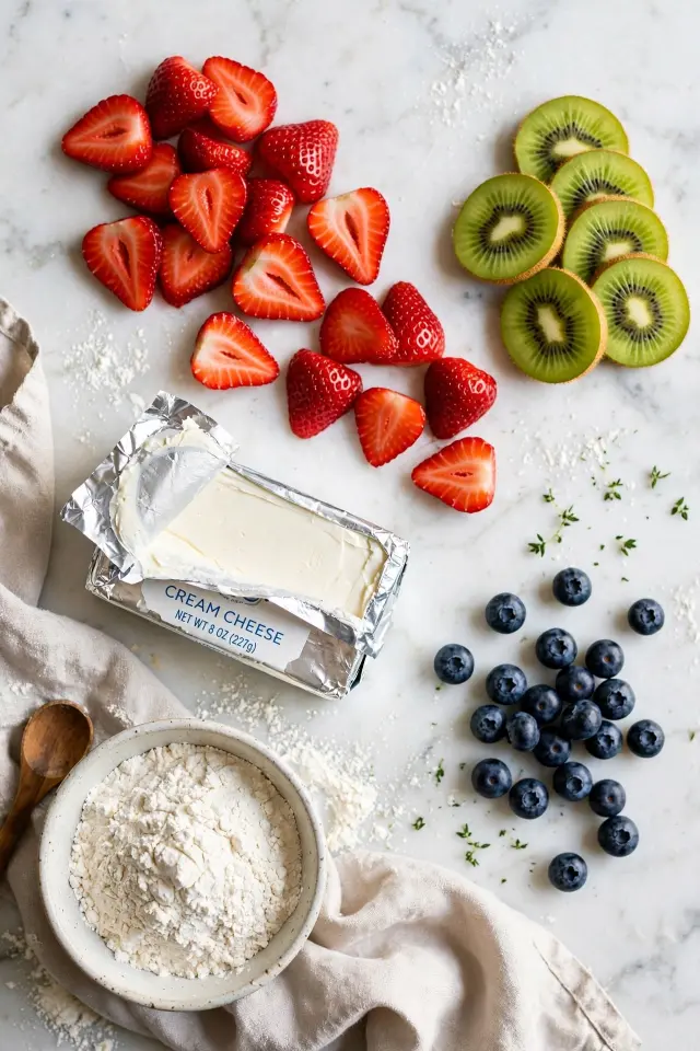 Ingredients for fruit pizza recipe including fresh fruit and cream cheese