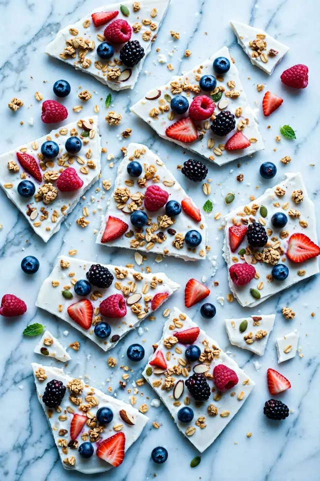 Colorful frozen yogurt bark broken into pieces