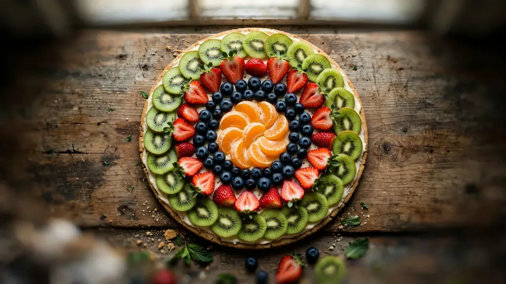 Fruit pizza recipe topped with fresh berries, kiwi, and cream cheese frosting