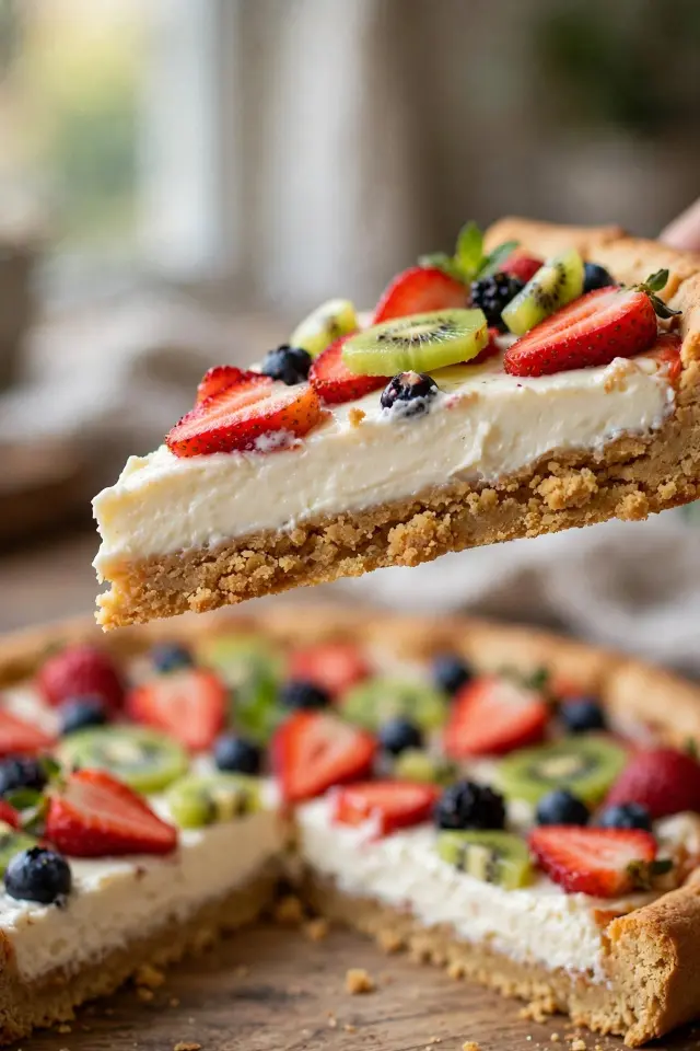 Slice of fruit pizza recipe showing cream cheese frosting and cookie crust layers