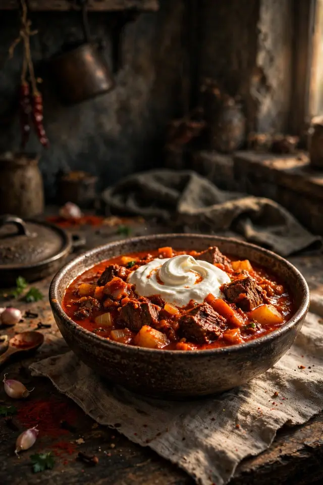 Hungarian beef goulash stew with paprika and sour cream