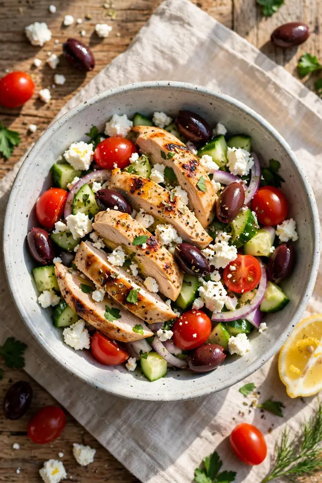 Greek rotisserie chicken salad bowl with feta and olives
