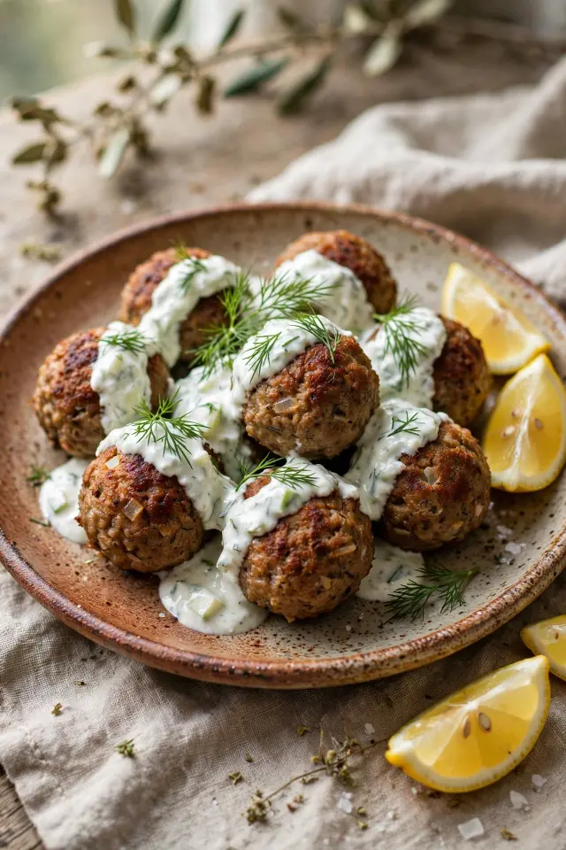 Greek ground chicken meatballs served with tzatziki sauce