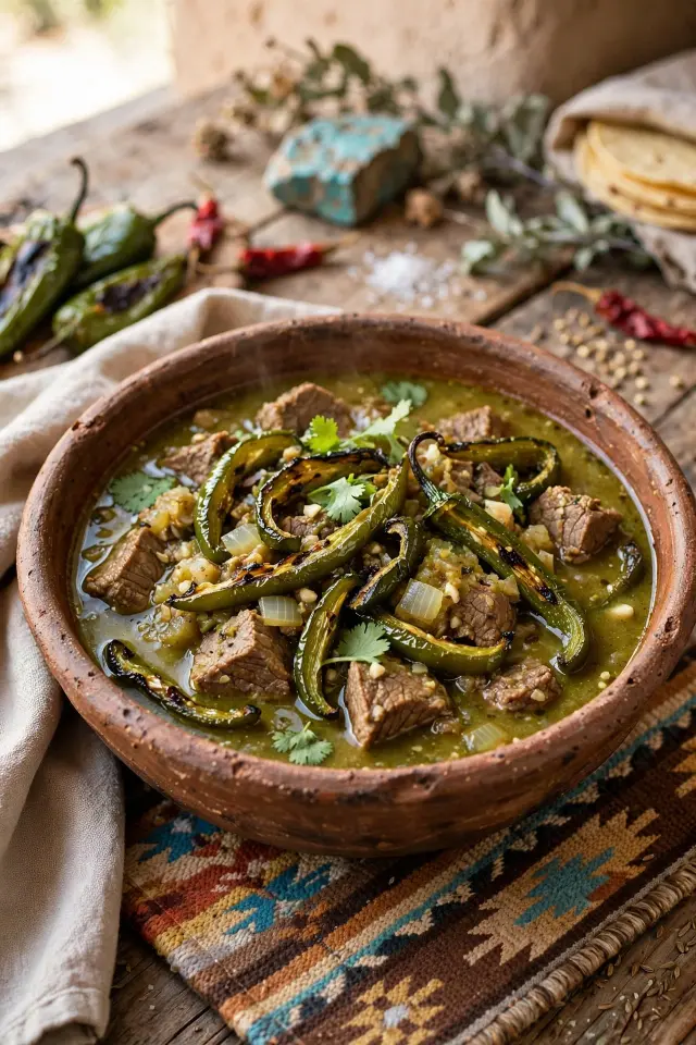 Beef and green chile stew in a clay bowl