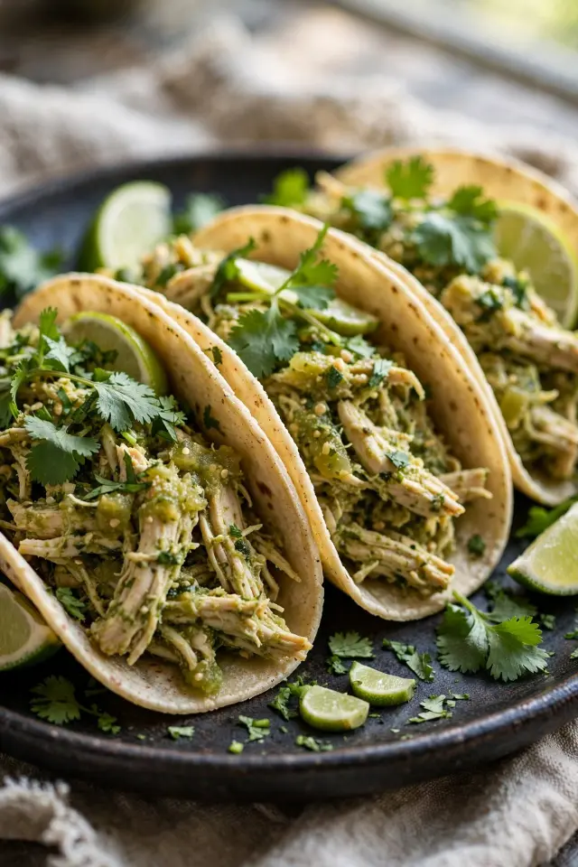 Salsa verde shredded chicken tacos with cilantro and lime