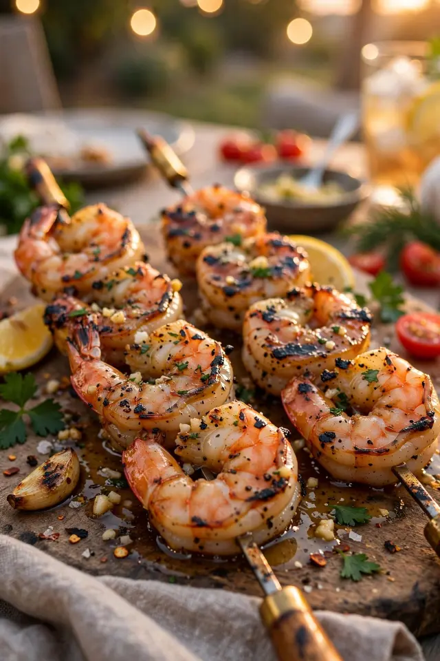 Grilled garlic butter shrimp skewers on a plate