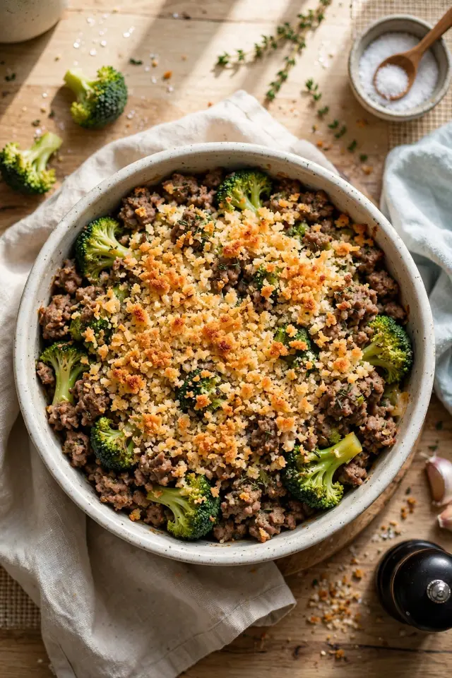 Ground beef and broccoli casserole with crispy breadcrumb topping