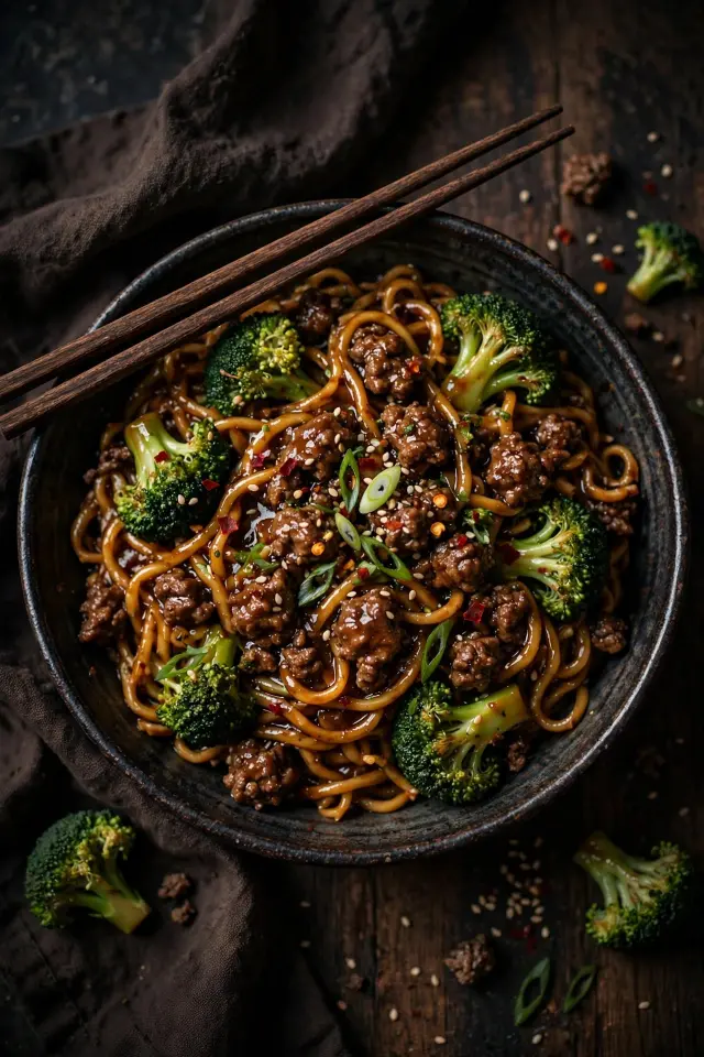 Ground beef and broccoli noodle skillet dinner