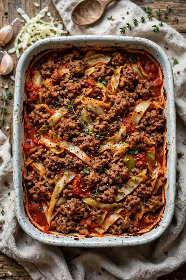 Ground beef and cabbage casserole in light tomato sauce