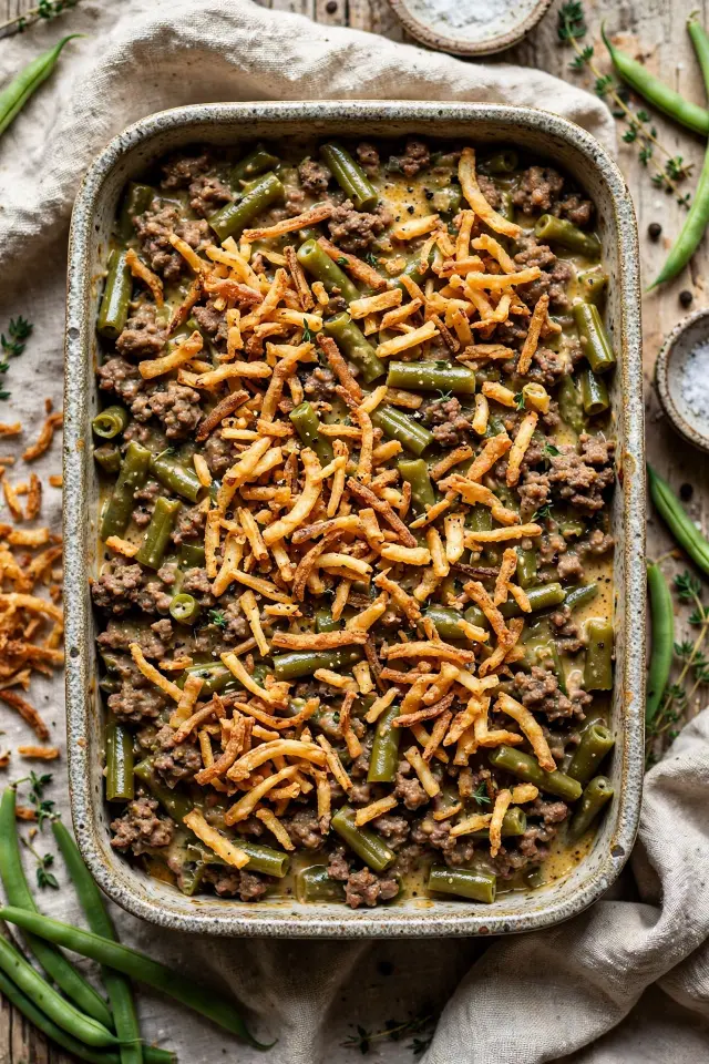 Ground beef and green bean casserole with crispy onion topping