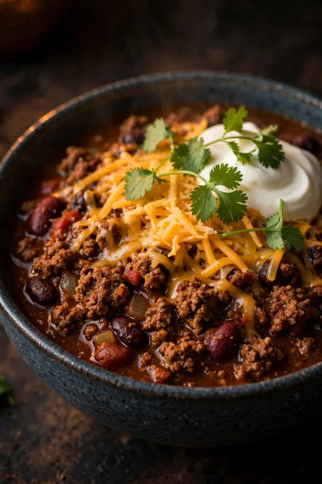Bowl of easy ground beef and bean chili with toppings