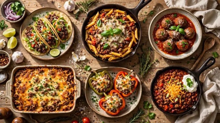 Collage of easy ground beef recipes including tacos, pasta, and casserole