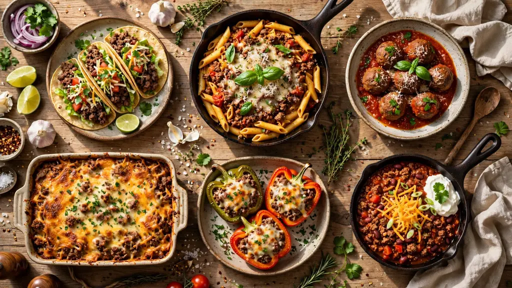 Collage of easy ground beef recipes including tacos, pasta, and casserole