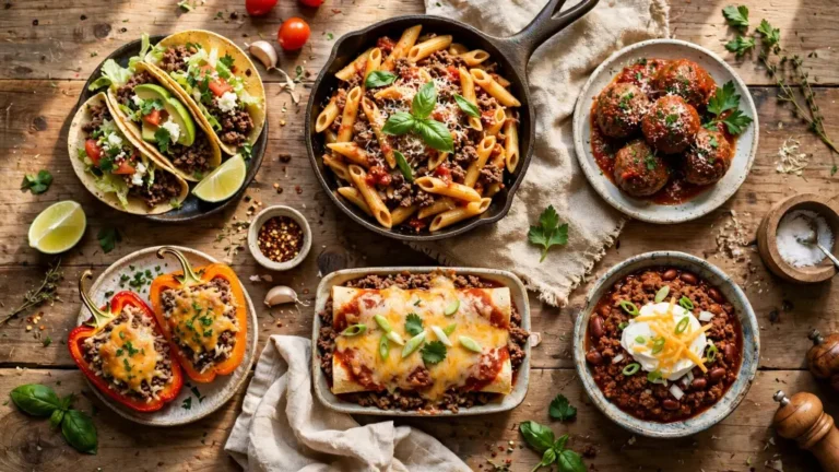 Collage of ground beef recipes for dinner including tacos, pasta, and meatballs