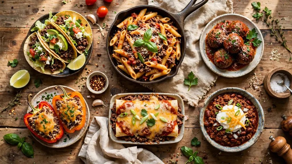 Collage of ground beef recipes for dinner including tacos, pasta, and meatballs