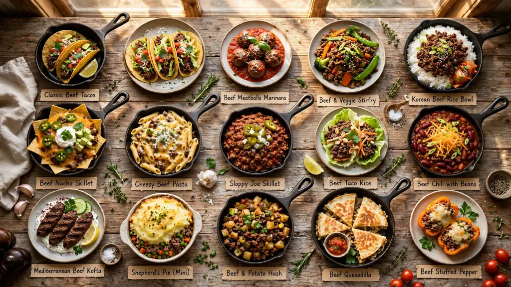 Collage of fifteen easy ground beef recipes for weeknight dinners
