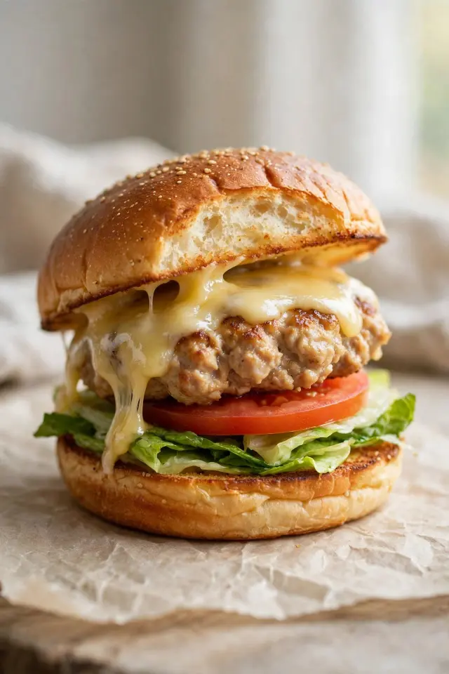 Juicy ground chicken burger with melted provolone cheese