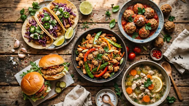 Collage of 15 ground chicken recipes including tacos, meatballs, and stir-fry