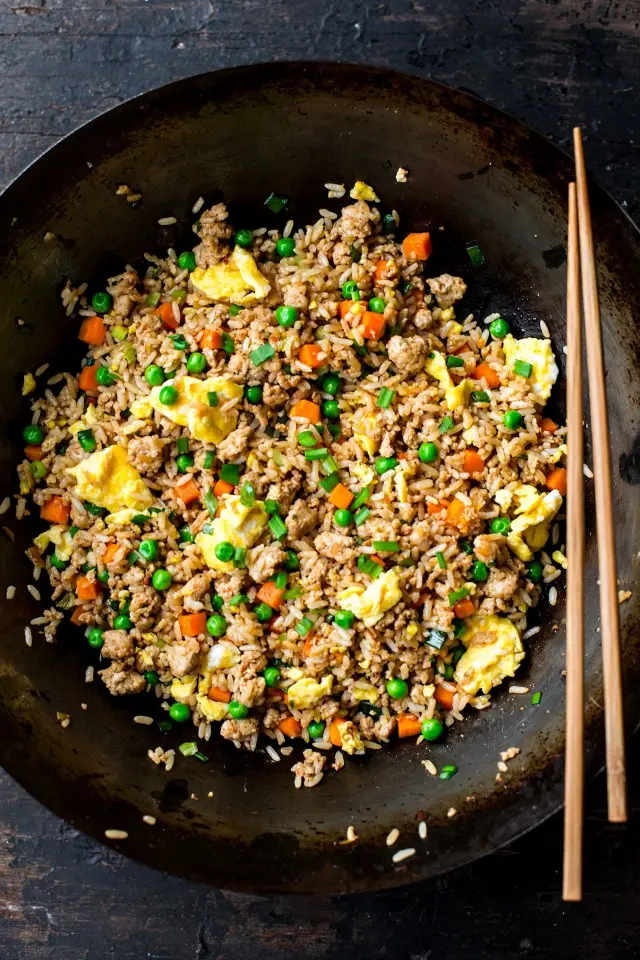 Ground chicken fried rice with vegetables and egg