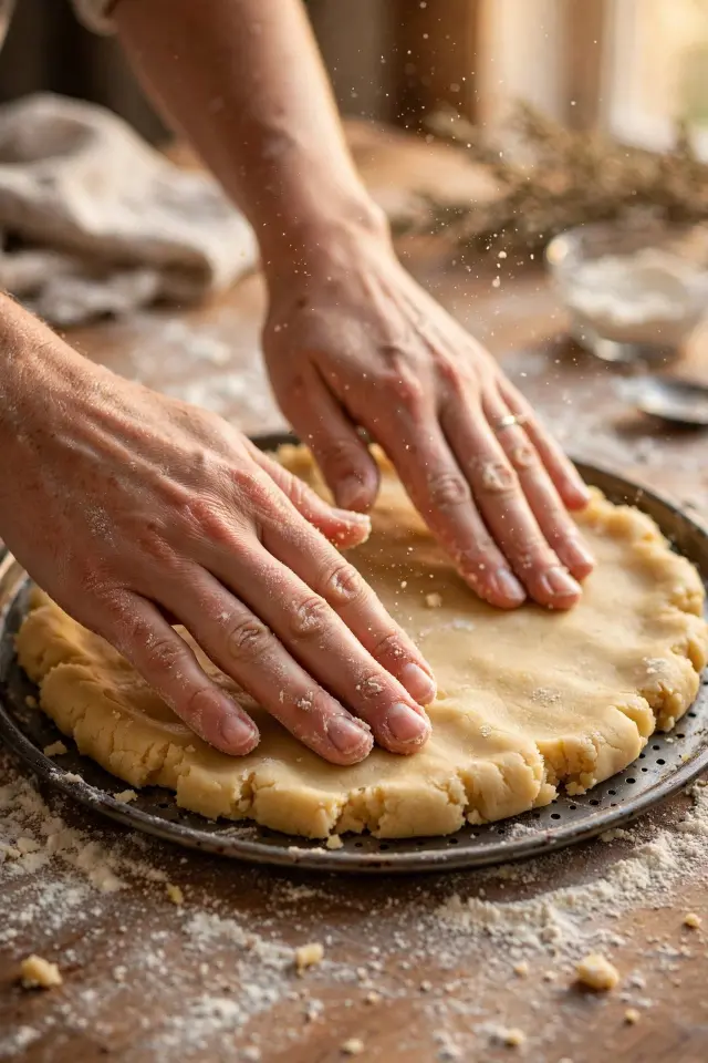 Pressing sugar cookie dough into pan for fruit pizza recipe crust