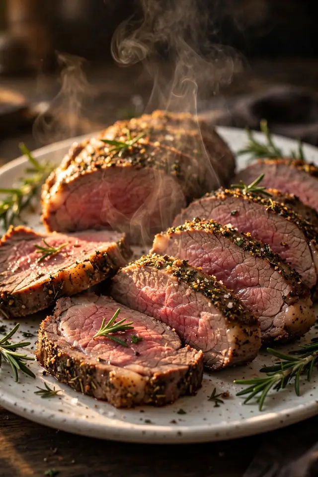 Sliced herb-crusted roast beef recipe with rosemary and garlic