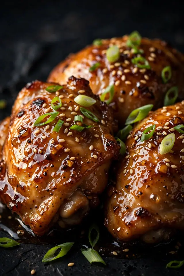  Honey garlic chicken thighs with sesame seeds and scallions