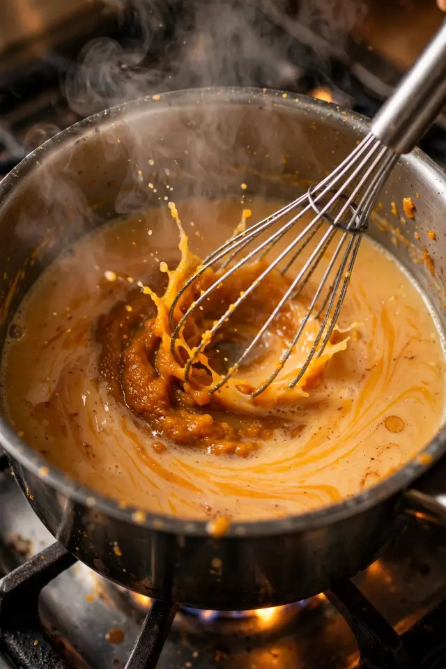 Whisking pumpkin puree into syrup base on the stovetop