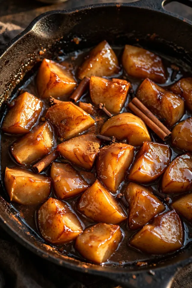 Cinnamon sugar apple bites in a skillet