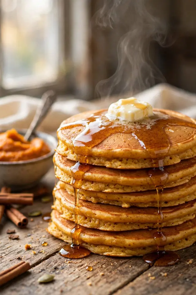 A tall stack of golden pumpkin pancakes with visible fluffy layers, topped with a melting pat of butter and warm maple syrup dripping down the sides. Soft natural morning light from a side window, rustic wooden table, small bowl of pumpkin puree and a few cinnamon sticks in the background, light steam rising off the top pancake, close eye-level angle, warm amber and cream color tones, cozy breakfast styling.
