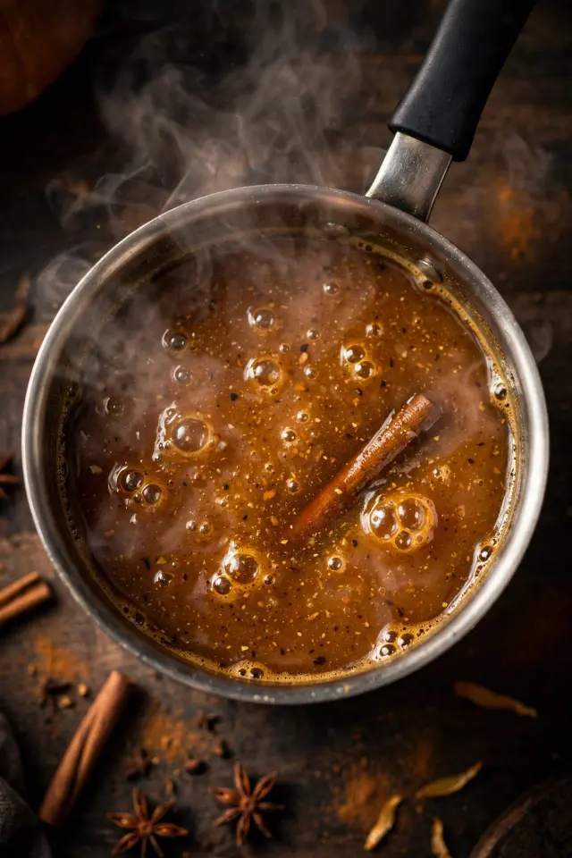 Pumpkin spice syrup simmering with cinnamon stick in saucepan