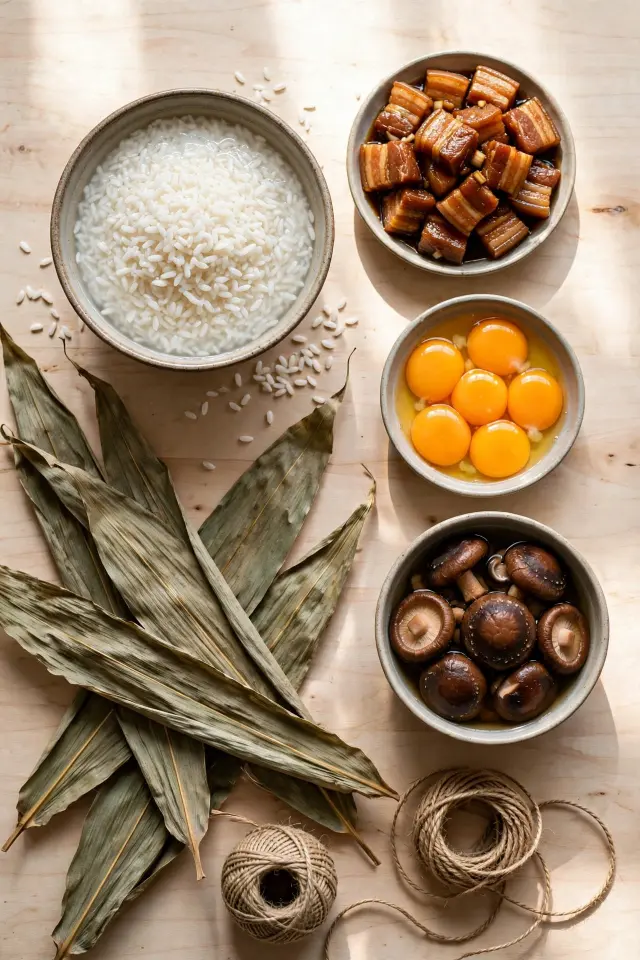 Zongzi ingredients including glutinous rice, pork belly, egg yolks and bamboo leaves
