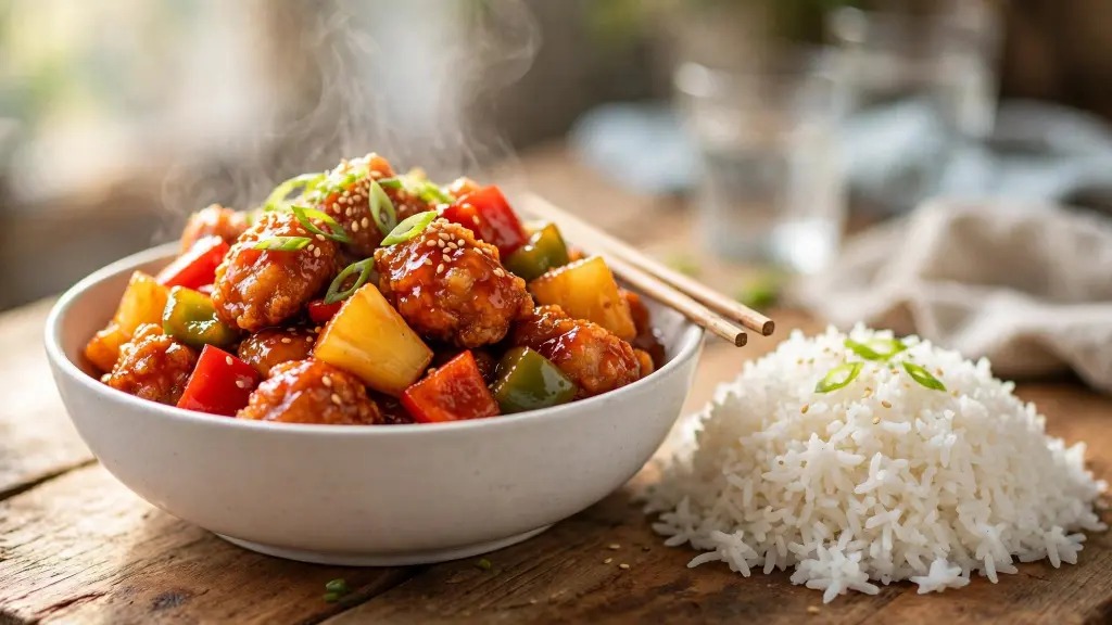 Vertical 2:3 food photography shot of crispy golden sweet and sour chicken pieces coated in a glossy red-orange sauce, mixed with red and green bell pepper chunks and juicy pineapple, piled in a white ceramic bowl. Steamed jasmine rice on the side, sesame seeds and sliced scallions sprinkled on top, steam gently rising. Shot at a 45-degree angle with soft natural window light from the left, warm rustic wooden table, chopsticks resting on the bowl edge, shallow depth of field with a softly blurred background, bright and appetizing colors, styled like a professional home-cooking blog photo.
