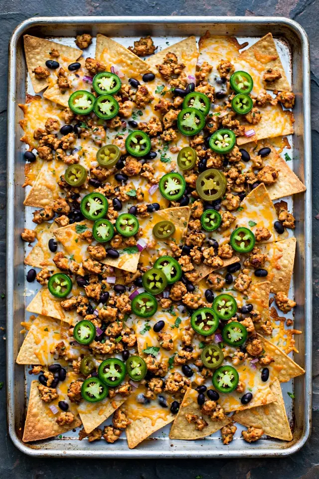 Loaded ground chicken nachos with cheese and jalapeños