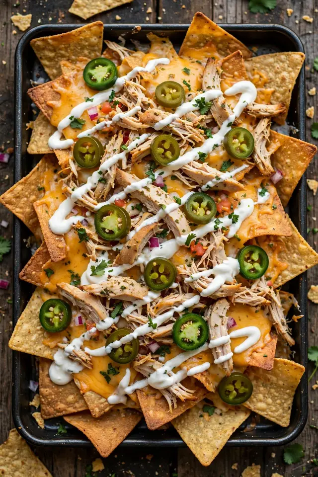  Loaded shredded chicken nachos with cheese and jalapeños