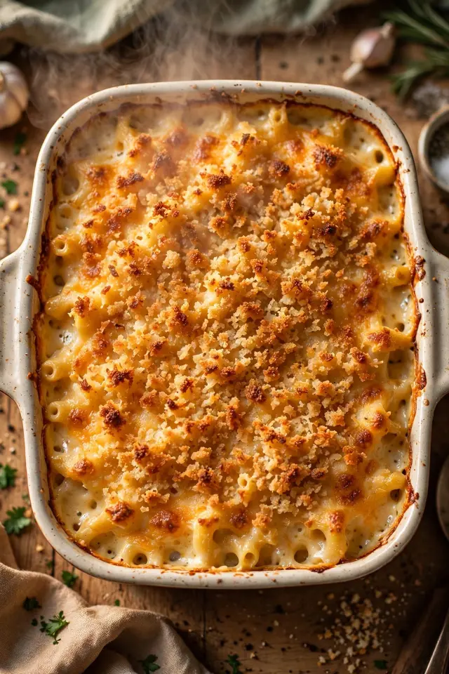 Bubbling baked mac and cheese in a casserole dish