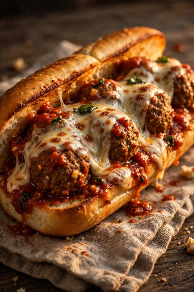 Ground beef meatball sub with marinara and melted cheese