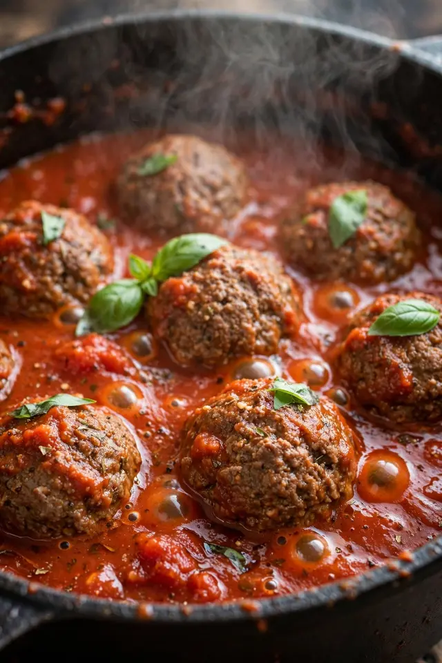 Homemade ground beef meatballs in marinara sauce