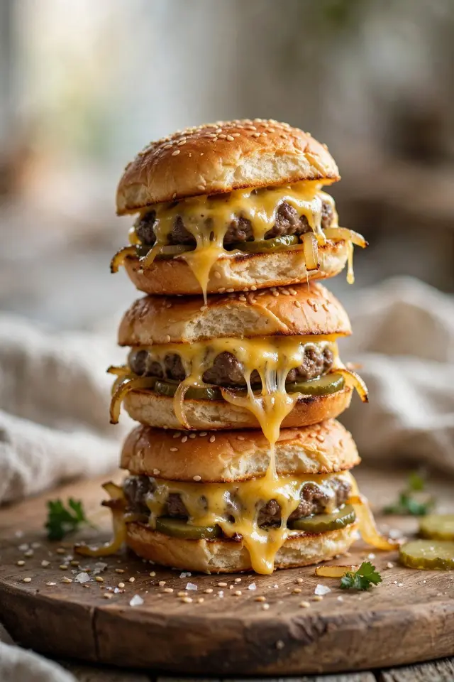 Homemade beef and cheese sliders on a wooden board