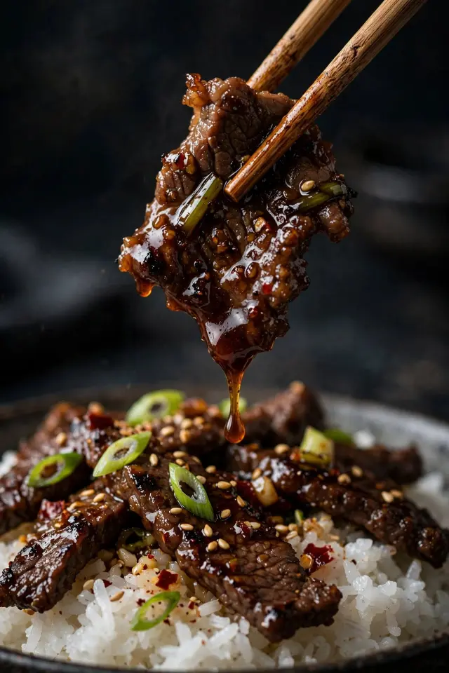 Close-up of tender Mongolian beef in glossy sauce over rice
