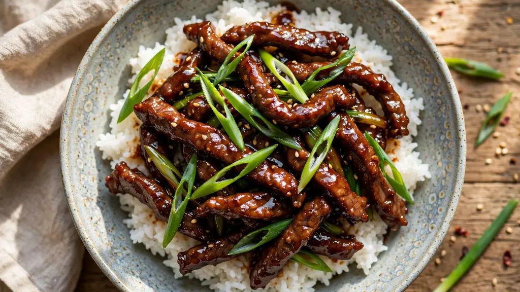 Mongolian beef recipe with tender beef strips and scallions over rice