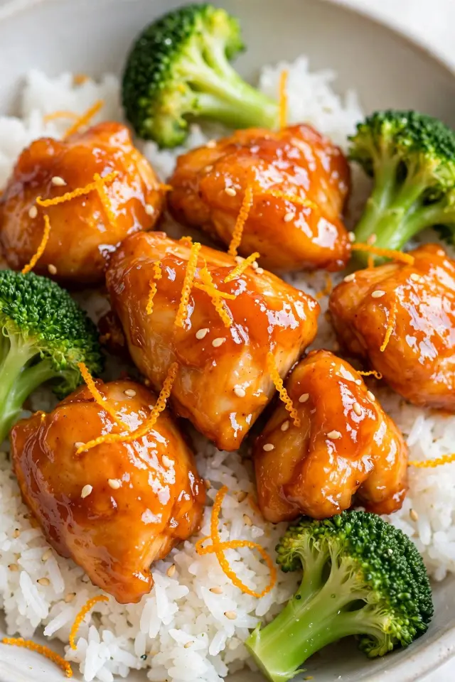 Glossy orange chicken served over rice with broccoli