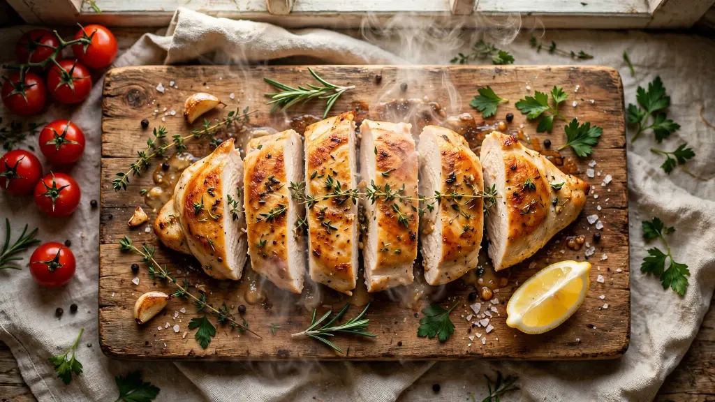 Juicy sliced chicken breast recipe served on a wooden cutting board