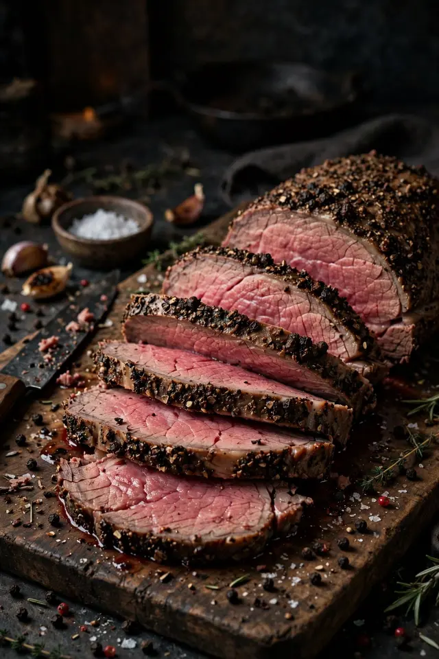 Peppercorn-crusted roast beef recipe sliced