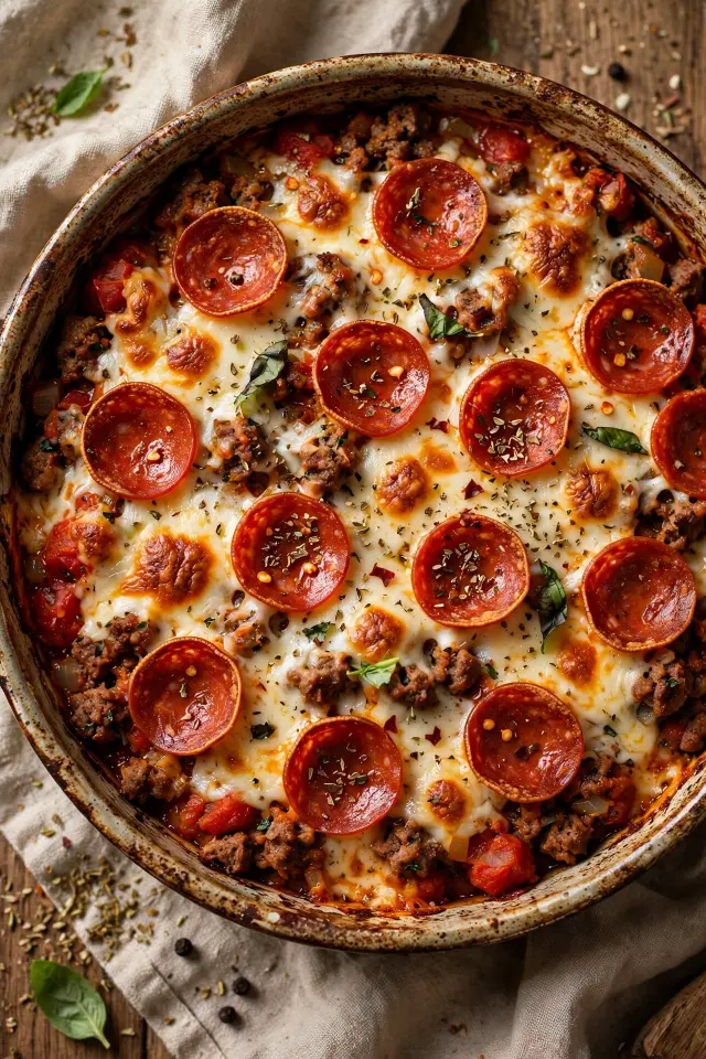 Pizza beef casserole with pepperoni and melted mozzarella cheese
