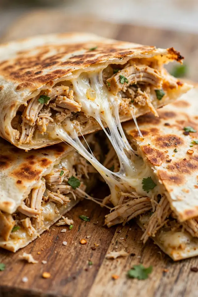 Crispy shredded chicken quesadilla with melty cheese