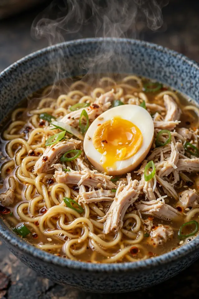 Shredded chicken ramen bowl with soft-boiled egg