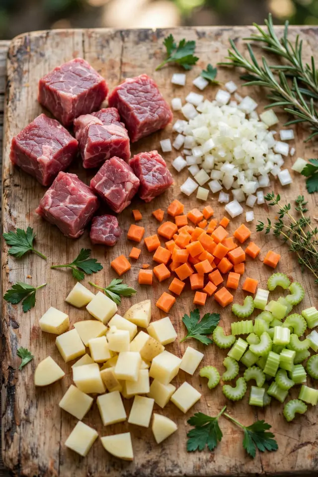 Ingredients for beef stew recipe including beef chuck, carrots, and potatoes