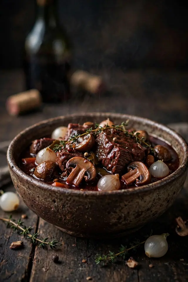 Red wine braised beef stew with mushrooms and pearl onions
