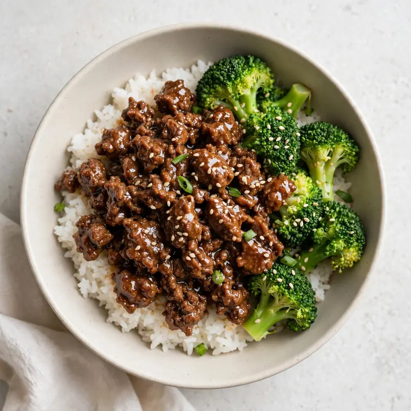 Ground beef and broccoli rice bowl dinner